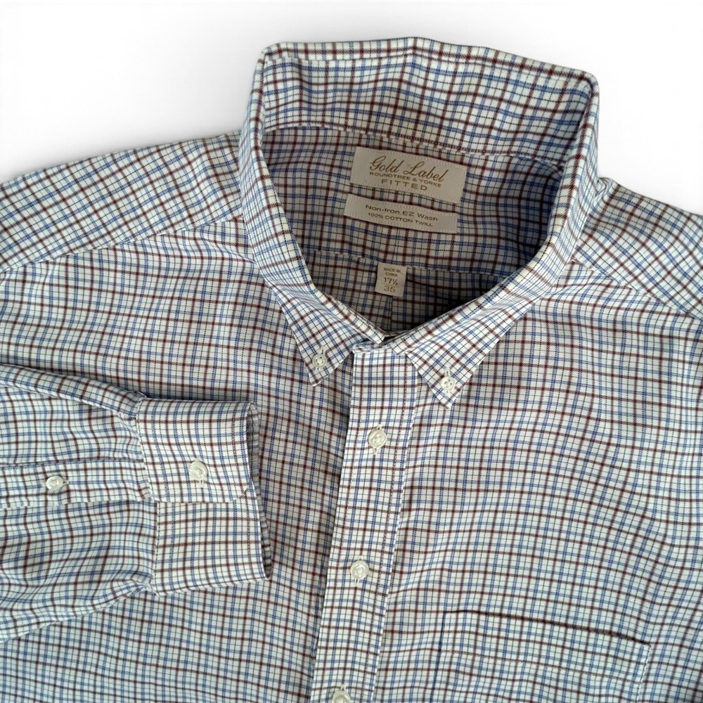 Roundtree & Yorke Gold Label Mens 17.5 35 Fitted Plaid Non Iron Cotton Shirt